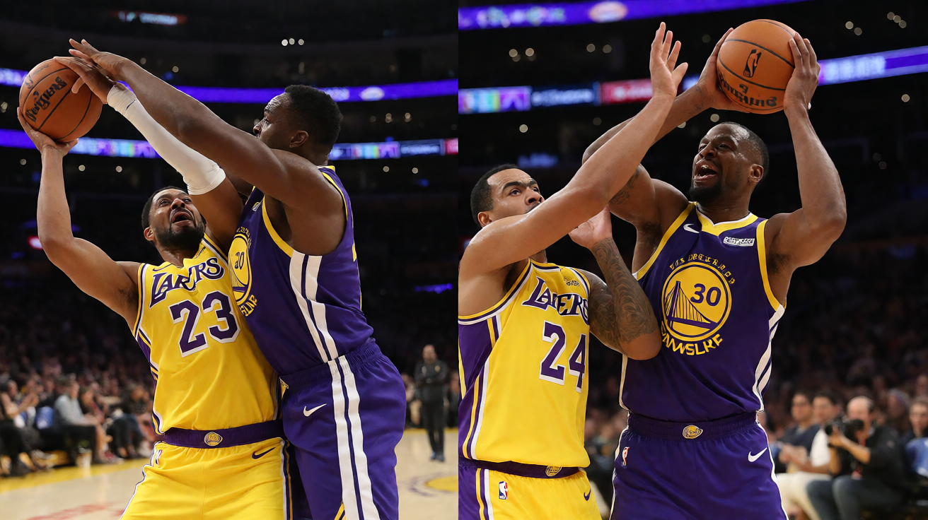 NBA湖人vs勇士比赛现场，球员激烈对抗